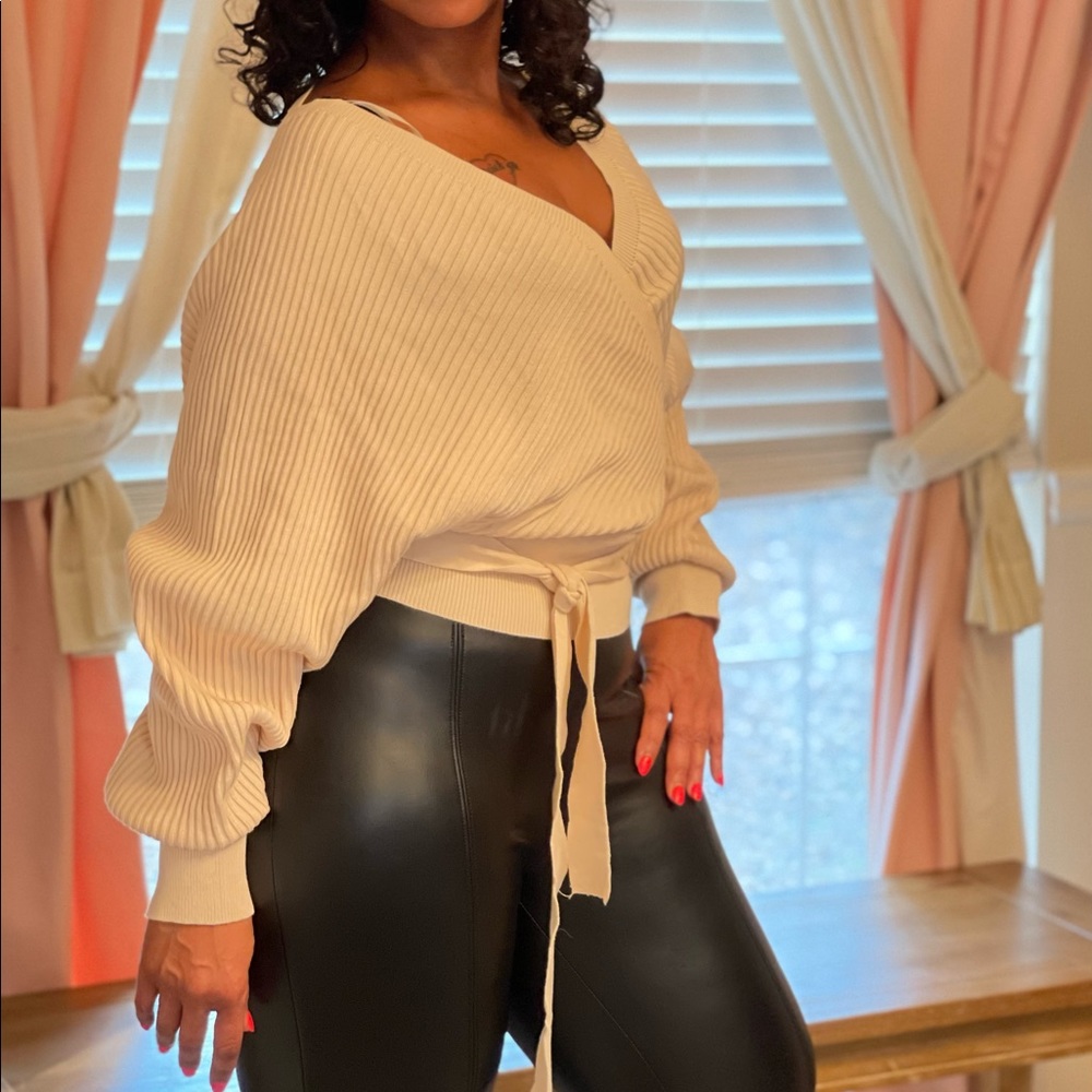 Cream Off Shoulder VNeck Sweater for Women, Knitwear - Womenswear